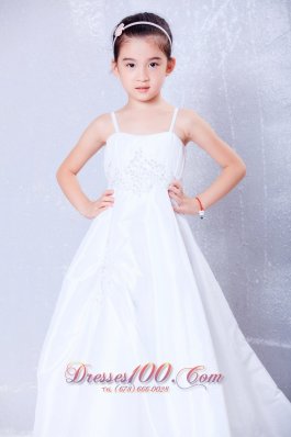 Spaghetti Court Train Applique Flower Girl Dress