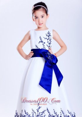 White Blue A-line Scoop Embroidery Flower Girl Dress