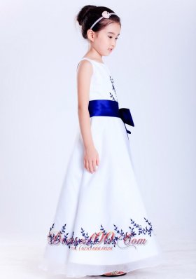 White Blue A-line Scoop Embroidery Flower Girl Dress