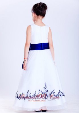 White Blue A-line Scoop Embroidery Flower Girl Dress