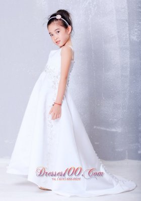 Luxurious White Square Brush Train Flower Girl Dress