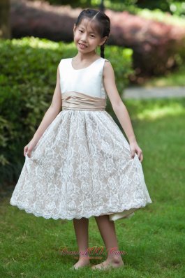 Tea-length Flower Girl Dress White and Champagne