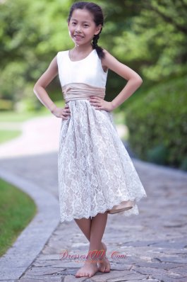 Tea-length Flower Girl Dress White and Champagne