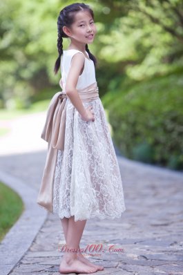 Tea-length Flower Girl Dress White and Champagne