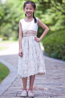 Tea-length Flower Girl Dress White and Champagne