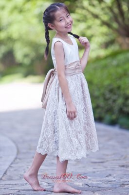 Tea-length Flower Girl Dress White and Champagne