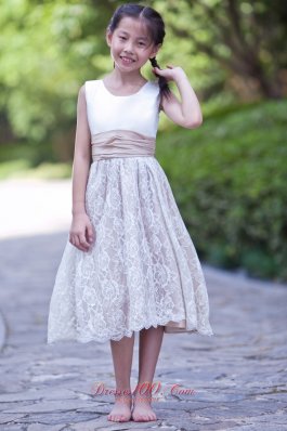 Tea-length Flower Girl Dress White and Champagne