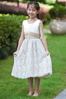 Tea-length Flower Girl Dress White and Champagne