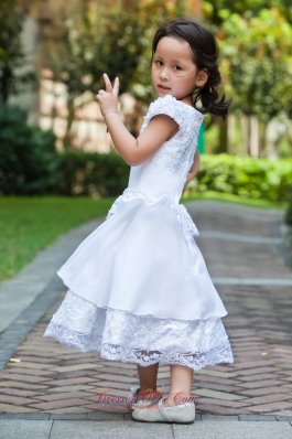 A-line Cap Sleeve White Flower Girl Dress Lace Hem