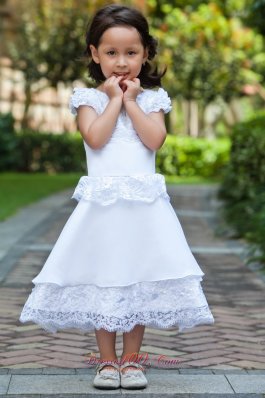 A-line Cap Sleeve White Flower Girl Dress Lace Hem