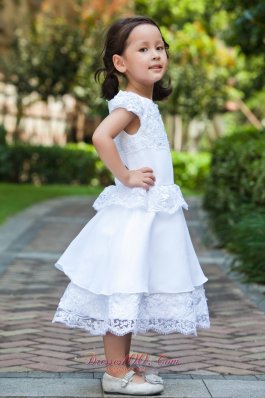 A-line Cap Sleeve White Flower Girl Dress Lace Hem