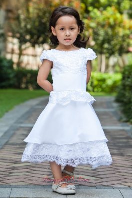 A-line Cap Sleeve White Flower Girl Dress Lace Hem