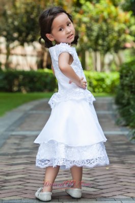 A-line Cap Sleeve White Flower Girl Dress Lace Hem