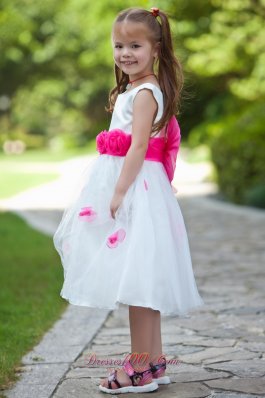 Hot pink Belt and Flowers Tea-length White Girls Dress