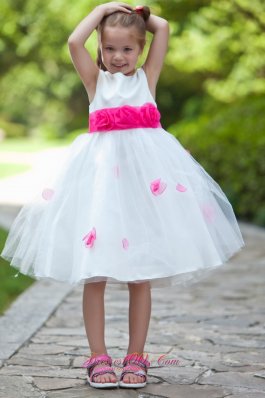 Hot pink Belt and Flowers Tea-length White Girls Dress