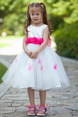 Hot pink Belt and Flowers Tea-length White Girls Dress