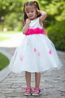 Hot pink Belt and Flowers Tea-length White Girls Dress