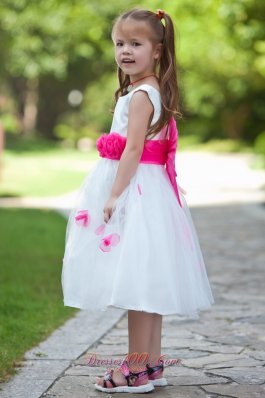 Hot pink Belt and Flowers Tea-length White Girls Dress