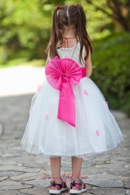 Hot pink Belt and Flowers Tea-length White Girls Dress