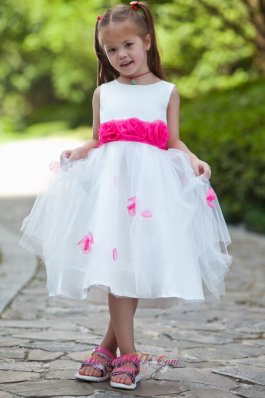 Hot pink Belt and Flowers Tea-length White Girls Dress