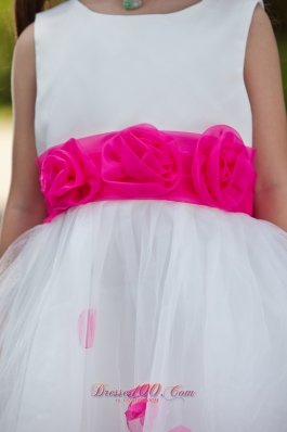 Hot pink Belt and Flowers Tea-length White Girls Dress