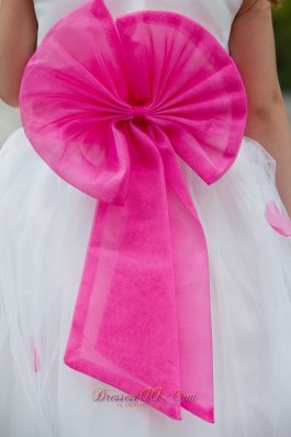 Hot pink Belt and Flowers Tea-length White Girls Dress