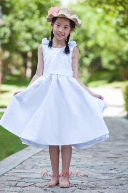 Scoop Tea-length Satin Flower Girl Dress Flowers