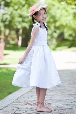 Scoop Tea-length Satin Flower Girl Dress Flowers