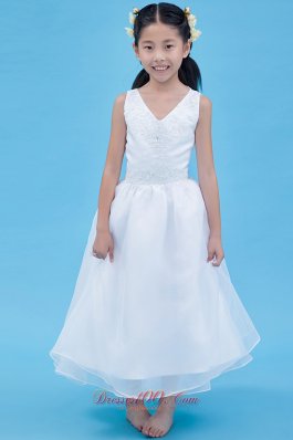 V-neck White Little Girl Dress Ankle Length Appliques