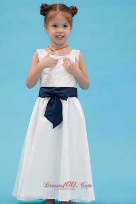 Affordable White Little Girl dress A Line with Black bow