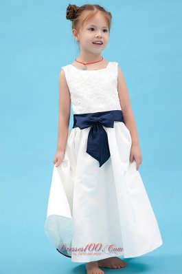 Affordable White Little Girl dress A Line with Black bow