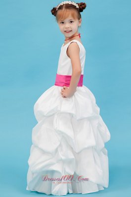 White A-line Pleated Flower Girl Dress with Pink Belt