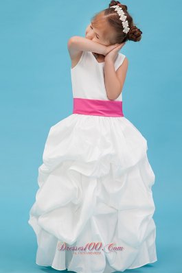 White A-line Pleated Flower Girl Dress with Pink Belt