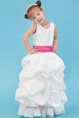 White A-line Pleated Flower Girl Dress with Pink Belt