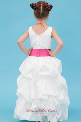 White A-line Pleated Flower Girl Dress with Pink Belt