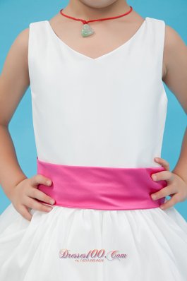 White A-line Pleated Flower Girl Dress with Pink Belt