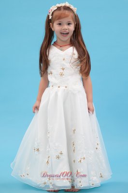 Discount Spring White V-neck Applique Flower Girl dress