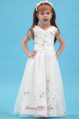 Discount Spring White V-neck Applique Flower Girl dress