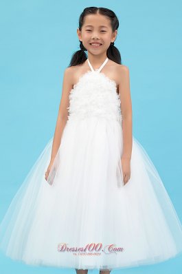 Halter Top Flower Girl Ankle Length Tulle Dress in White