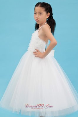 Halter Top Flower Girl Ankle Length Tulle Dress in White