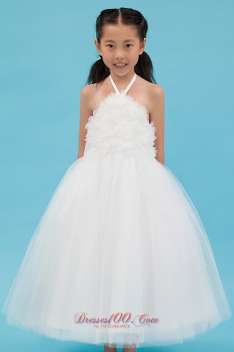 Halter Top Flower Girl Ankle Length Tulle Dress in White