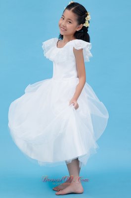 White Scoop Flower Girl Dress Cap Sleeve Ankle Length