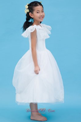 White Scoop Flower Girl Dress Cap Sleeve Ankle Length