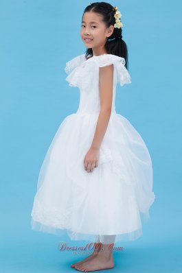 White Scoop Flower Girl Dress Cap Sleeve Ankle Length