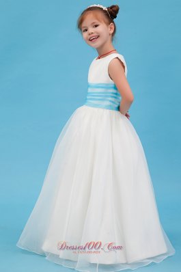 Unique Straps Organza Little Girl Dress with Blue Sash