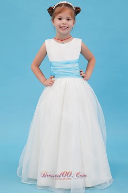 Unique Straps Organza Little Girl Dress with Blue Sash