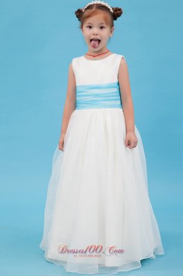 Unique Straps Organza Little Girl Dress with Blue Sash