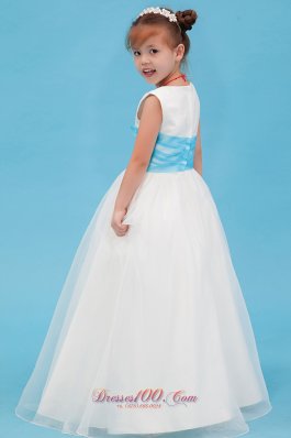 Unique Straps Organza Little Girl Dress with Blue Sash