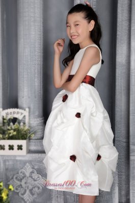 Popular Girls Dress with Burgundy Sash and Flowers