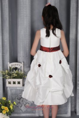 Popular Girls Dress with Burgundy Sash and Flowers